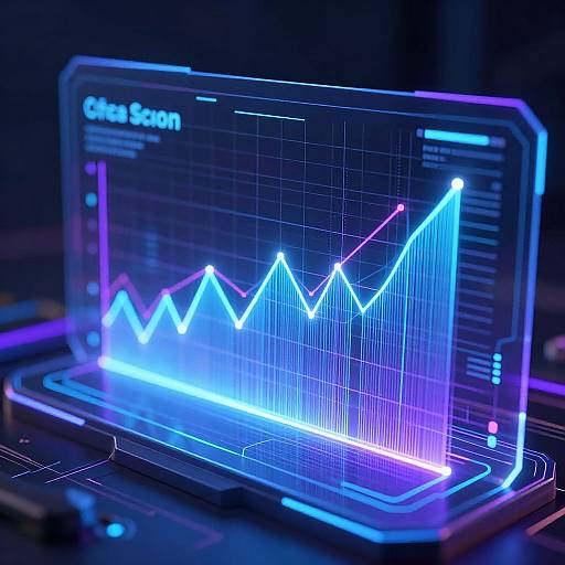 Neon-lit graph on a laptop screen displaying a blue and purple rising zigzag line, labeled 