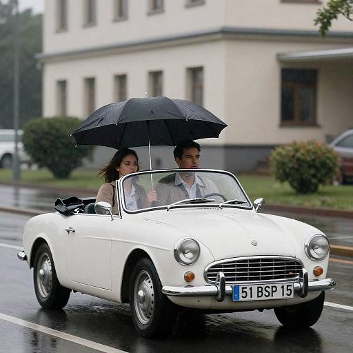 Couple in Vintage Convertible Driving in Rain
