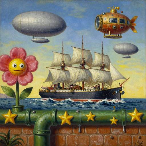Whimsical painting of a ship with white sails, surrounded by zeppelins and a flying submarine, viewed through a pipe with yellow stars and