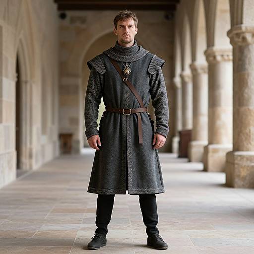 Photograph of a serious, bearded man in medieval-style dark blue, long, embroidered tunic, brown belt, black pants, and boots,