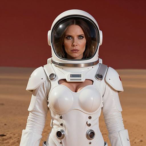 Photorealistic CGI of a brunette woman in a white, form-fitting astronaut suit with a clear helmet, standing in a barren, orange desert against