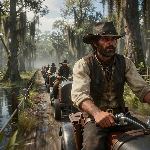 Cowboy Riding Motorcycle in Swampy Bayou