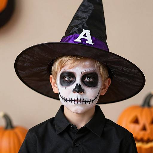 Photograph of a young boy with white face paint, black eye makeup, and black-painted smile, wearing a black witch hat and black shirt,