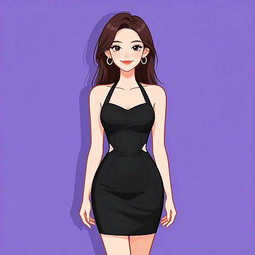 Digital anime-style drawing of a smiling woman with long brown hair, wearing a tight black halter dress and hoop earrings, against a solid purple background.