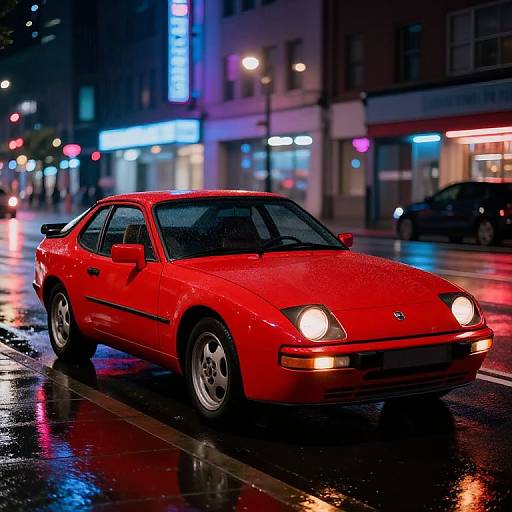 Photograph of a vibrant red, vintage, four-door coupe with shining headlights, parked on a glistening, neon-lit, rainy city street at