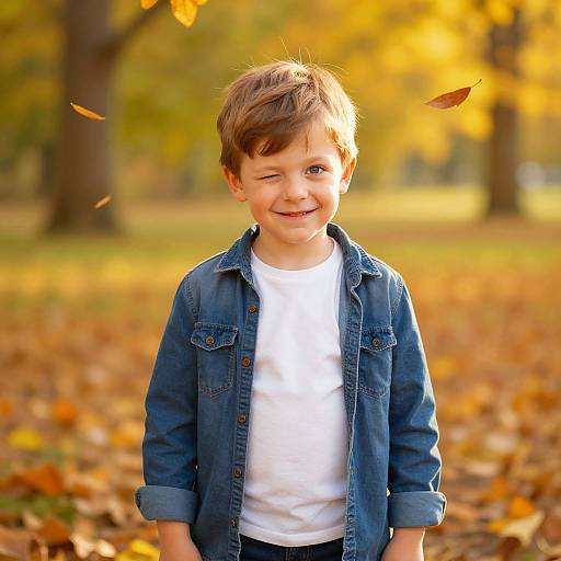 Playful Smiling Boy in Autumn Park