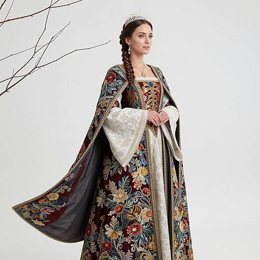 Photograph of a regal woman in a detailed, floral-patterned, medieval-style gown with a long, ornate cape, wearing a silver ti