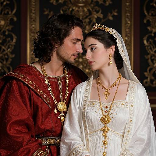 Photograph of a couple in medieval attire: man in red velvet with gold jewelry, woman in white silk with gold jewelry and veil, gazing at