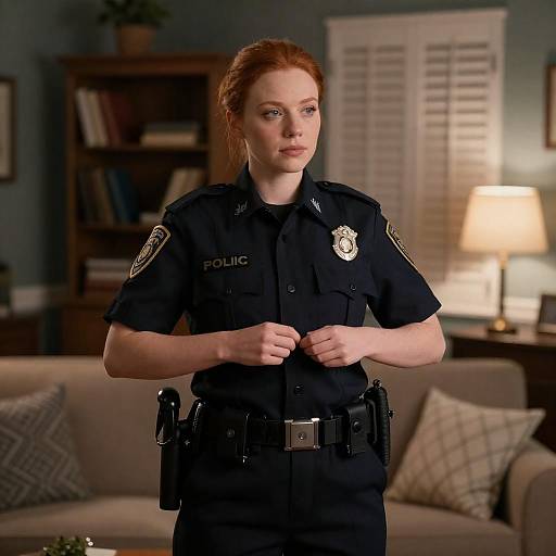 Red-Haired Officer in Cozy Living Room