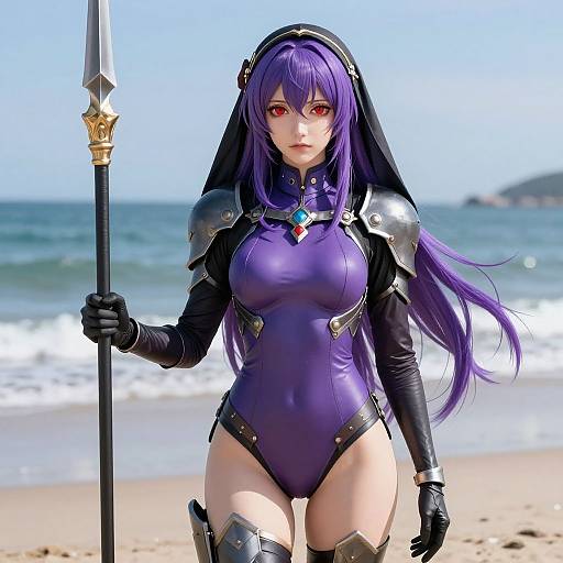 Digital anime-style drawing of a purple-haired, red-eyed, armored nun with a sword, standing on a beach with waves in the background.