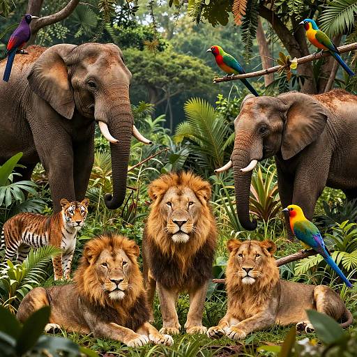 Photograph of a lush jungle scene with three elephants, two lions, a tiger, and colorful parrots amidst dense greenery.