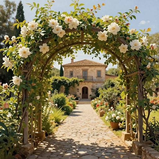 Photograph of a sunlit, stone Mediterranean villa with a blooming rose archway, pathway lined with potted plants, and lush garden.
