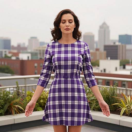 Photograph of a fair-skinned woman with wavy dark brown hair, wearing a purple and white plaid dress, standing on a rooftop with an