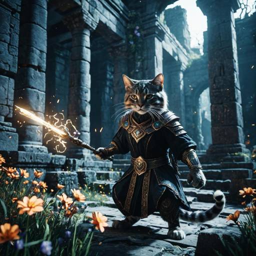 Enchanted Cat Warrior in Ancient Ruins
