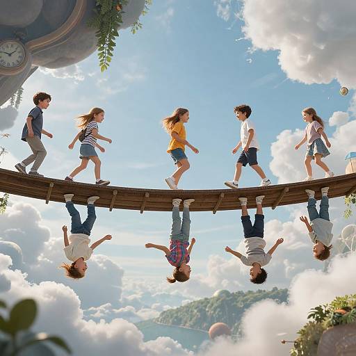 Children balancing on a wooden bridge, upside down, against a bright blue sky with fluffy clouds and greenery, in a whimsical, digital illustration style