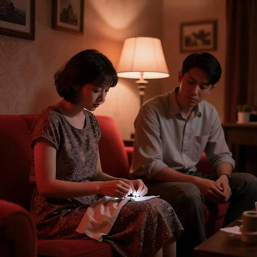 Intimate Red-Lit Sewing on Couch