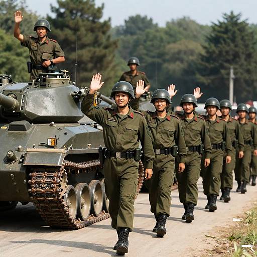 Dynamic Military March with Tanks in Sunlight