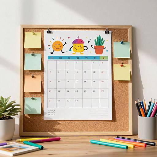 Colorful children's calendar with cartoon characters, pinned to a wooden bulletin board, surrounded by colorful pens and sticky notes.