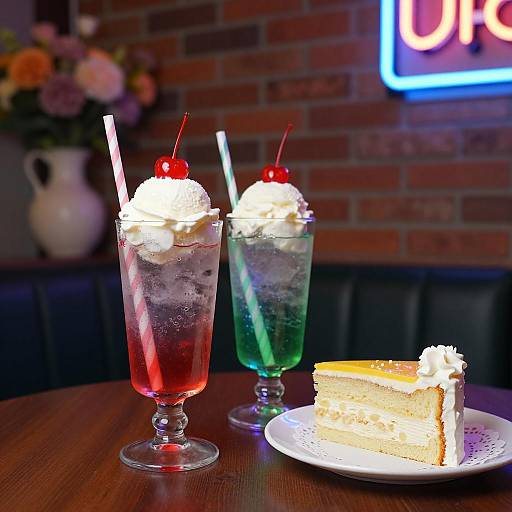 Neon Dessert Scene with Brick Wall