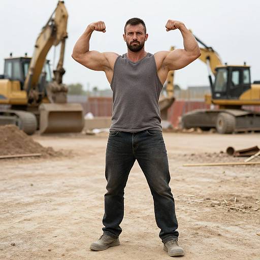 Photograph of a muscular, bearded man with short brown hair, wearing a gray tank top and dark jeans, flexing his biceps in a