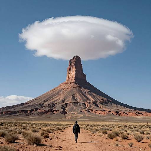 Photograph of a lone person walking towards a massive, red-rock butte with a singular cloud hovering above, set in a vast, arid desert
