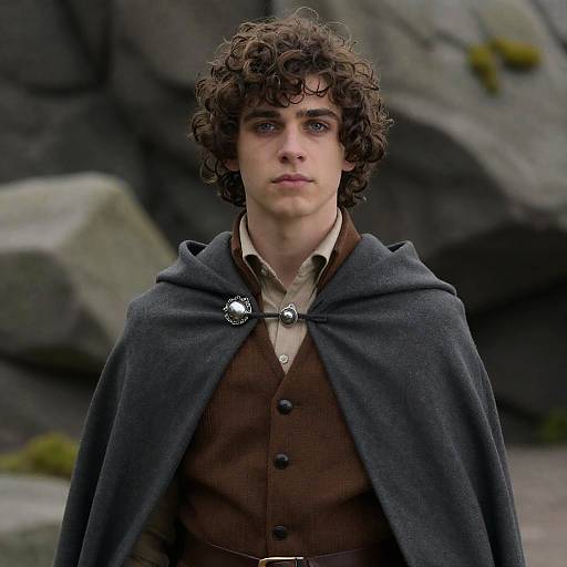 Young Man in Cloak on Rocky Terrain