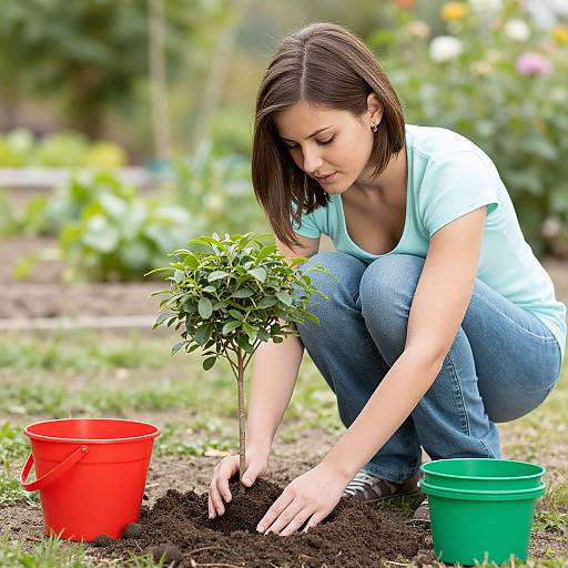 Photograph of a young woman with short brown hair, wearing a light blue shirt and jeans, planting a small green shrub in a garden, with