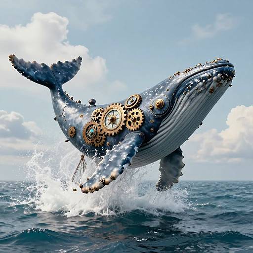 Digital artwork of a mechanical humpback whale with gears and cogs, leaping out of ocean water under a bright blue sky.