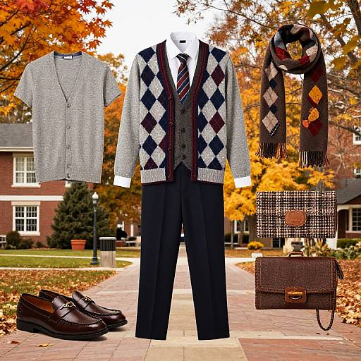 Autumn fashion collage: gray cardigan, argyle vest, striped tie, black pants, brown loafers, black-and-red scarf, brown hand