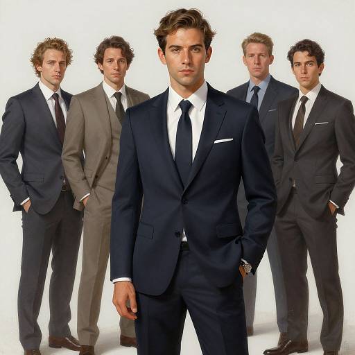 Photograph of six men in dark suits, standing against a white background, with the central figure in a navy suit and black tie, hands in pockets