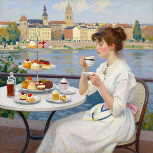 Impressionist painting of a fair-skinned woman in a white dress, sipping tea at a riverside café, with pastries and cityscape
