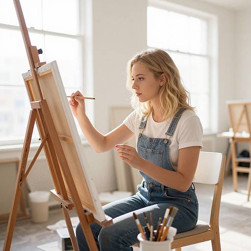 Photograph of a blonde woman in blue denim overalls, white t-shirt, painting on an easel in bright, sunlit studio.