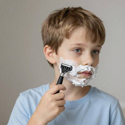 Young Boy Practicing Shaving with Razor
