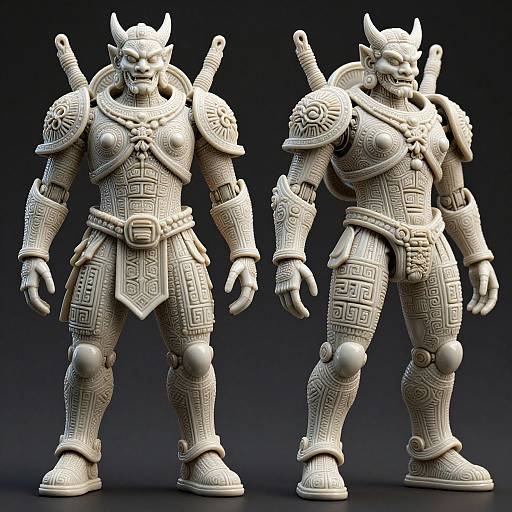 CGI image of two intricately detailed, white, horned warrior statues in elaborate, patterned armor with swords, standing against a dark background.