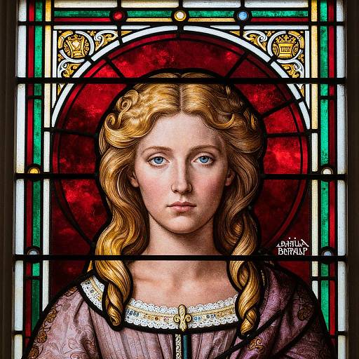 Stained glass artwork of a serene young woman with wavy blonde hair, blue eyes, wearing a lace-trimmed dress, set against a vibrant