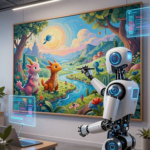 AI Robot Creating Surreal Digital Mural