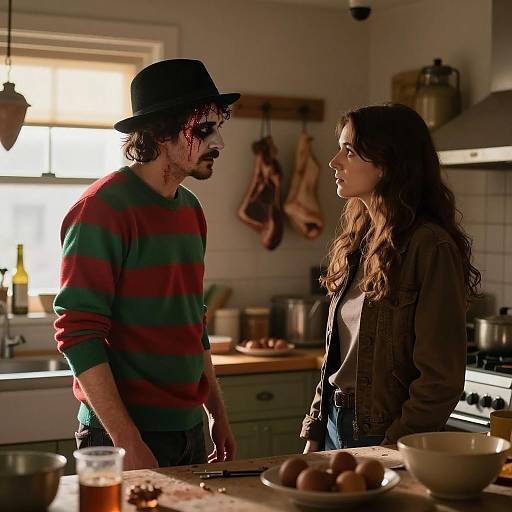 Confrontation in Dimly Lit Kitchen