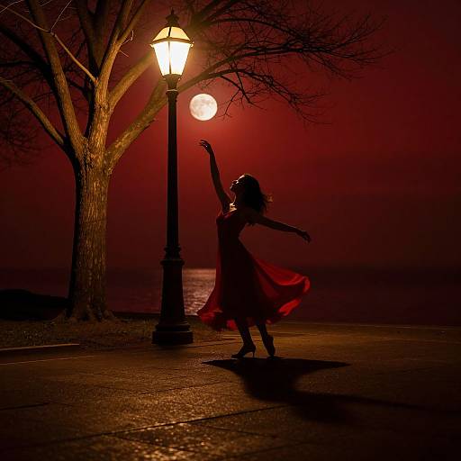 Silhouetted woman in flowing red dress dances under glowing streetlamp, full moon in red-hued night sky, bare tree in background.