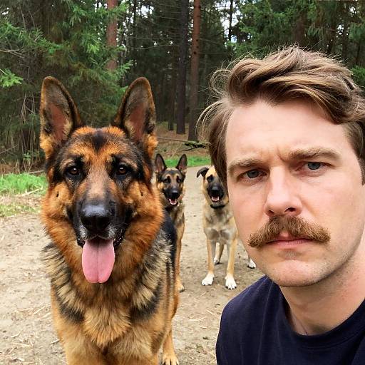 Man with German Shepherd in Forest Scene