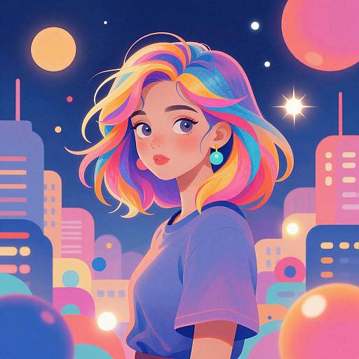 Digital illustration of a young woman with colorful, rainbow hair, blue earrings, and a blue shirt, standing in a vibrant, neon-lit cityscape