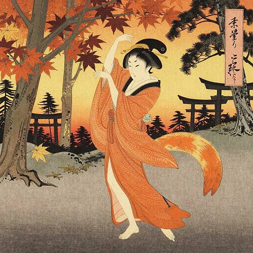 Fox Maiden Dancing in Autumn Grove