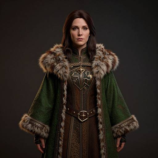 Photograph of a serious woman with long dark hair, wearing a green fur-trimmed medieval cloak over an intricately patterned brown dress, against