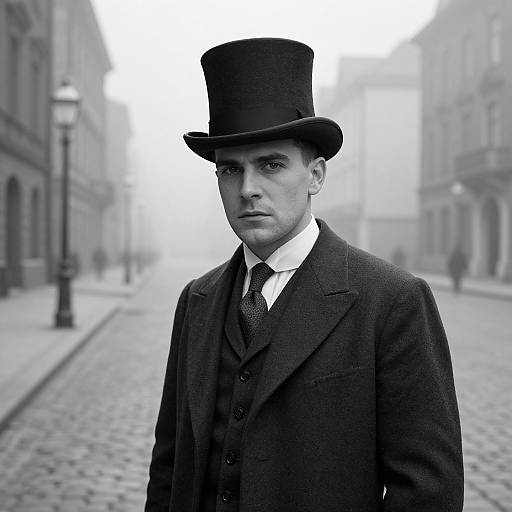 Black-and-white photograph of a serious, pale-skinned man in a Victorian-style dark suit, vest, and top hat, standing on a foggy