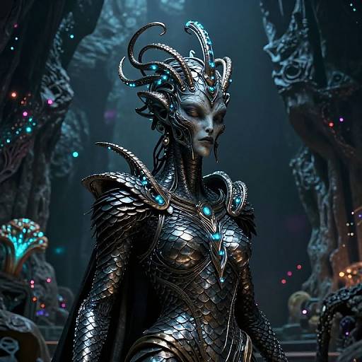 CGI fantasy image of a dark, metallic, dragon-like queen with intricate horned headdress, glowing blue accents, and scaled armor in a mystical