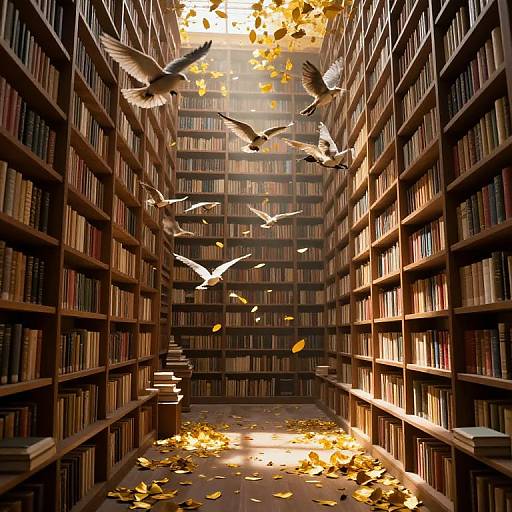Photograph of a sunlit library aisle with tall wooden bookshelves, yellow autumn leaves, and four white doves flying overhead.