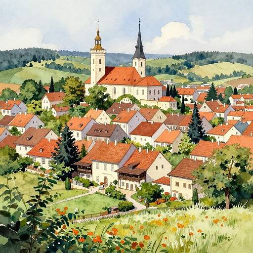 Watercolor painting of a quaint European village with red-roofed houses, two church towers, lush green hills, and vibrant wildflowers in the foreground