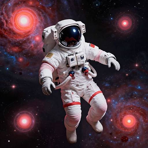 Photorealistic digital artwork of an astronaut floating in space, wearing a white spacesuit with red stripes, against a vibrant, starry background with glowing