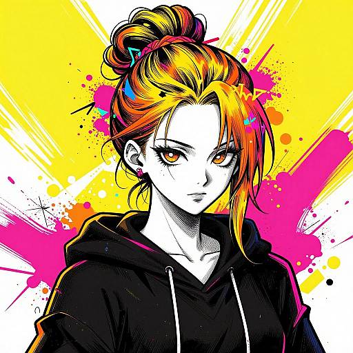 Digital anime-style portrait of a serious-looking woman with multicolored hair, wearing a black hoodie, against a vibrant yellow, pink, and white spl