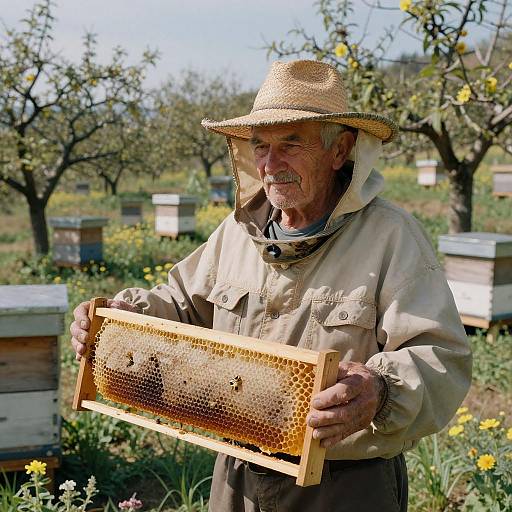 Sunlit Elderly Beekeeper on Orchard Hillside