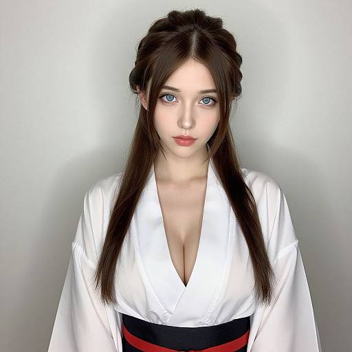 Digital art of a young Asian woman with blue eyes, long dark brown hair in braids, wearing a white kimono with black and red belt,